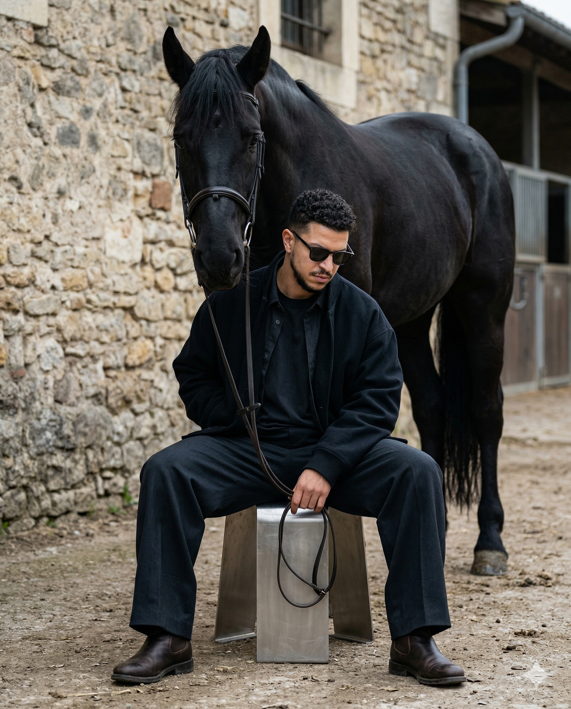Men with black horse