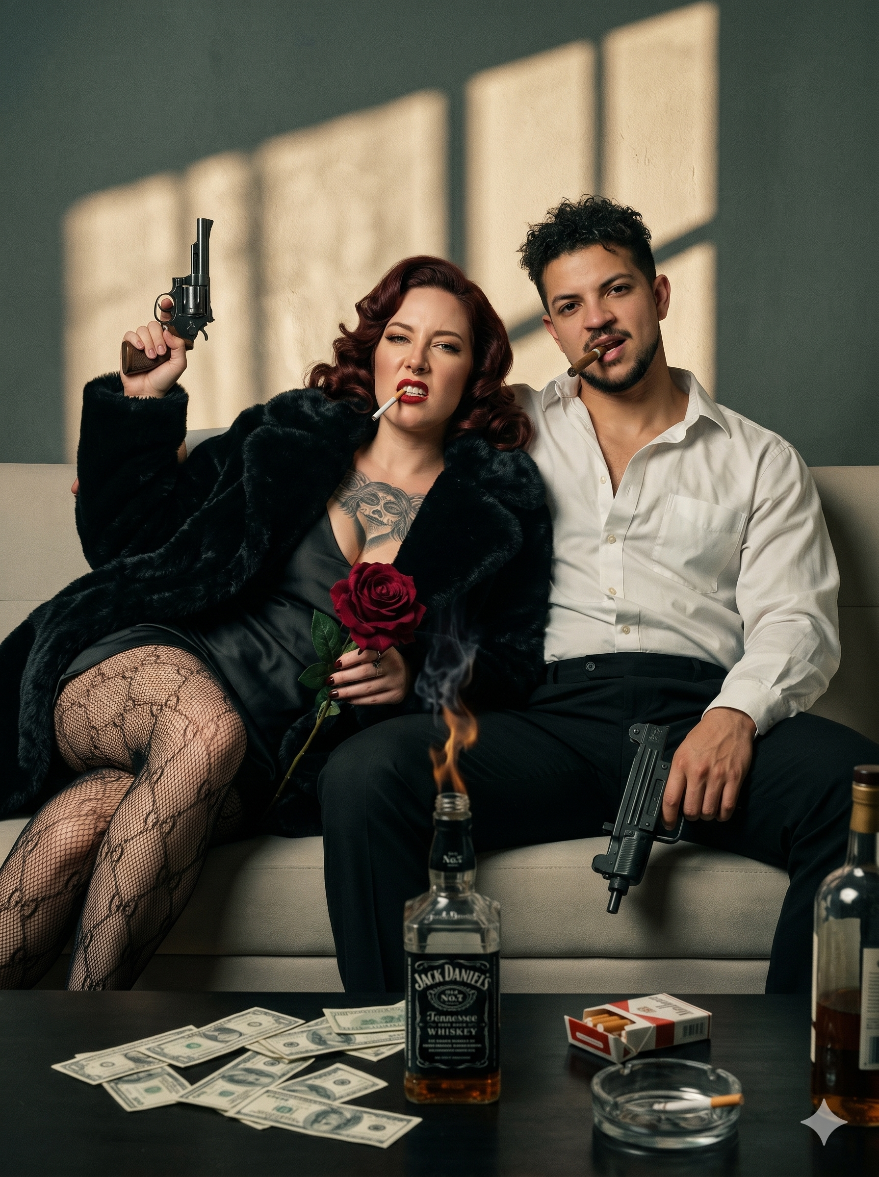 Luxury gangsters on a minimalist sofa