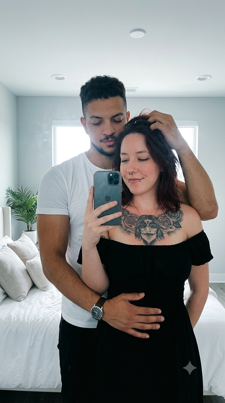 mirror selfie of a couple in a bright modern bedroom