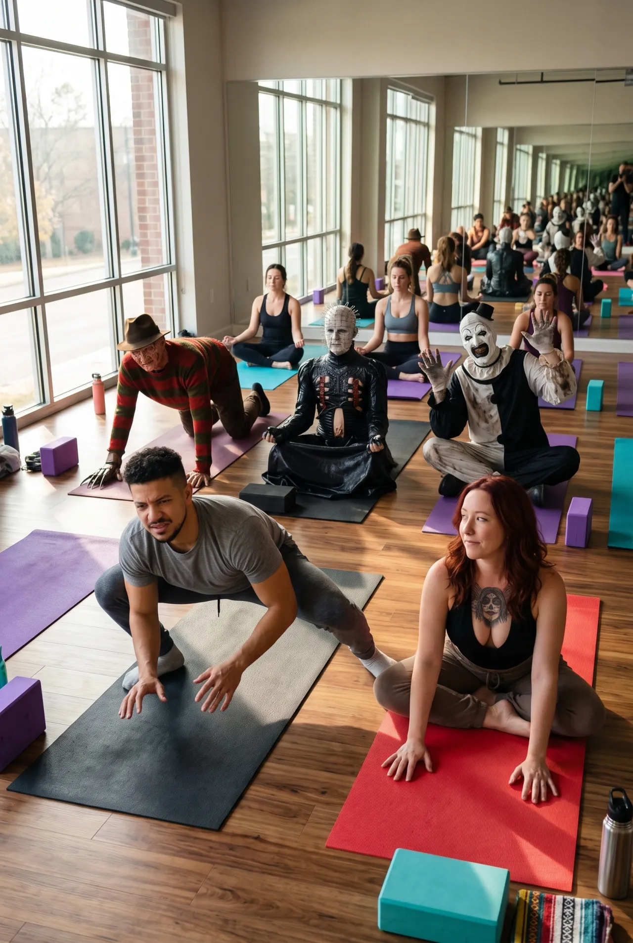 HORROR ICONS AT YOGA CLASS