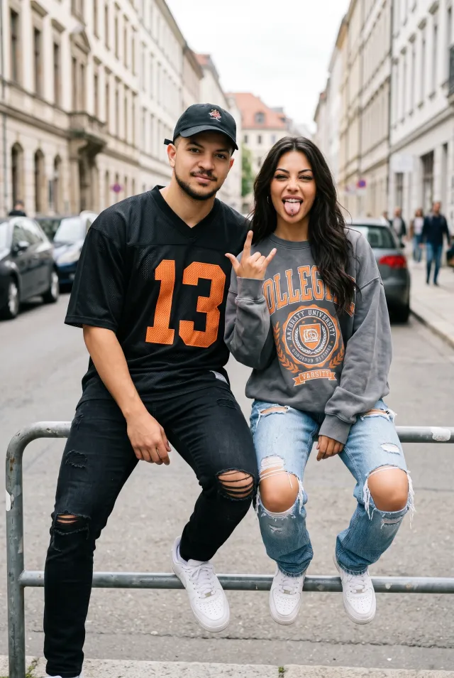 Urban Streetwear Couple – Casual Rail Pose