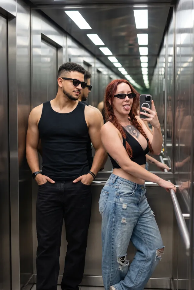 Best friends outfit check in the elevator
